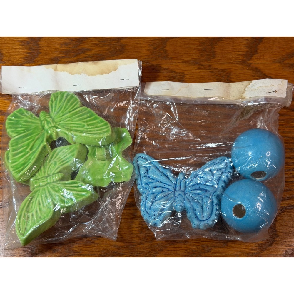 Vintage Butterfly Macrame Beads Ceramic Green Blue Boho Craft Jewelry Lot 7pc